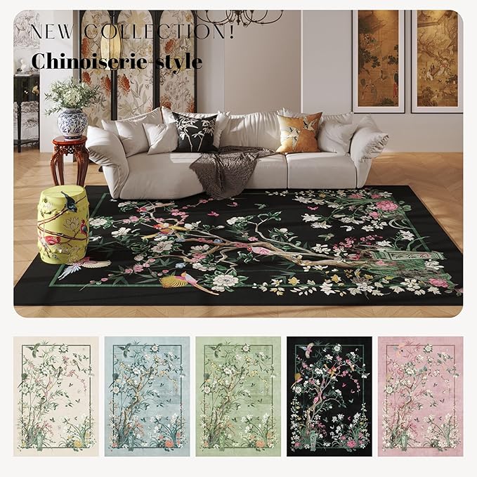 4x6 Rug Chinoiserie-Style Floral Vintage Washable Area Rugs Non Slip Low Pile Small Carpet for Bedroom, Bedside, Kids Room, Office, Dining Room, Black