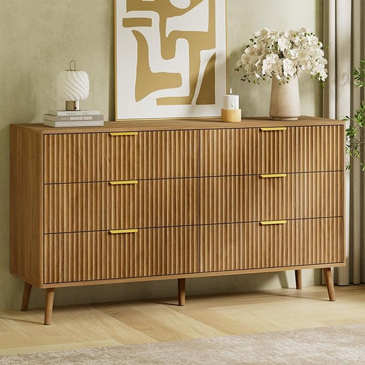 LYNSOM 55" Wide Fluted Dresser for Bedroom with 6 Drawer, Modern Chest of Drawers with Curved Profile Design and Metal Handles, Wood Dresser TV Stand & Storage Organizer for Living Room, Natural Oak