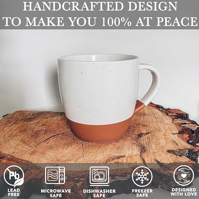 Mora Ceramic Large Latte Mug Set of 4, 16oz - Microwavable, Porcelain Coffee Cups With Big Handle - Modern, Boho, Unique Style For Any Kitchen. Microwave Safe Stoneware - Vanilla White