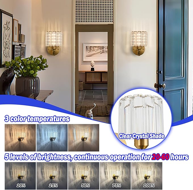 Wall Sconces Battery Operated Wall Lights Set Of Two, Wireless Rechargeable Wall Sconces With 10000mAh RGB Light Bulb, Crystal Wall Sconce With Remote Control For Bedroom, No Electrician Required