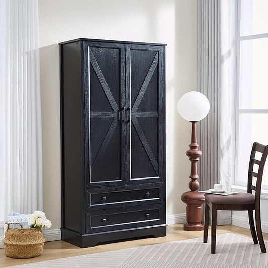 SOOWERY Dresser for Bedroom, Farmhouse Dresser with 2 Wooden Drawers and Storage Cabinets, 71 Inches Tall Chest of Drawers for Bedroom, Living Room, Hallway, Black