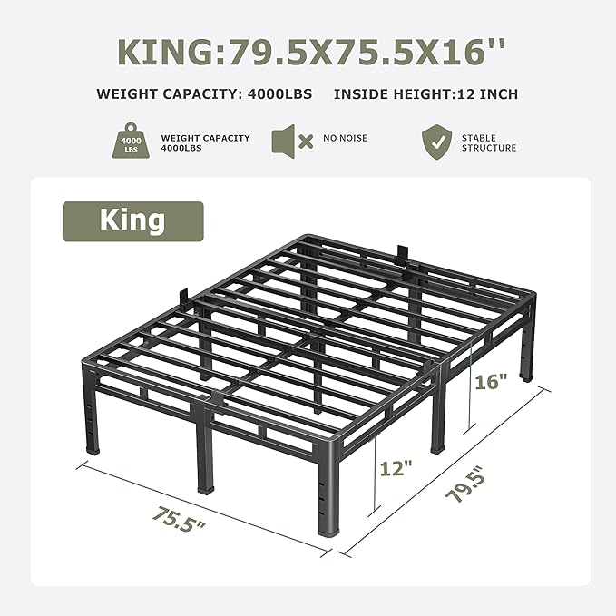 NKZ King Size Bed Frame 16 Inch, Metal Bed Frame & Box Spring 2 in 1 Platform with Round Corner Legs, 4000lbs Weight Capacity Reinforced Metal Frame, Headboard Hole, Noise-Free, Easy Assembly