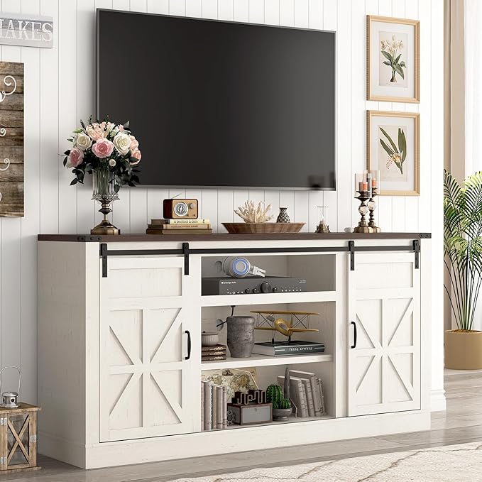 66" Farmhouse TV Stand for 75 Inch TV, 33" Tall Entertainment Center with Power Outlets & Sliding Barn Door, Wood TV Stand with Storage, TV Media Console for Living Room, Antique White