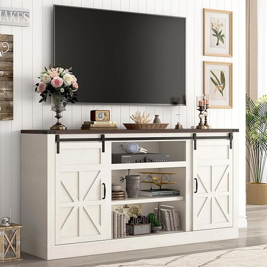 66" Farmhouse TV Stand for 75 Inch TV, 33" Tall Entertainment Center with Power Outlets & Sliding Barn Door, Wood TV Stand with Storage, TV Media Console for Living Room, Antique White