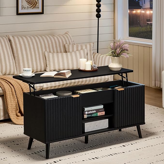 LEYAOYAO 48" Fluted Lift Top Coffee Table with Hidden Storage & Adjustable Shelves, Lifting Tabletop Large Rectangular Coffee Tables, Mid Century Modern Wood Center Table for Living Room,Black
