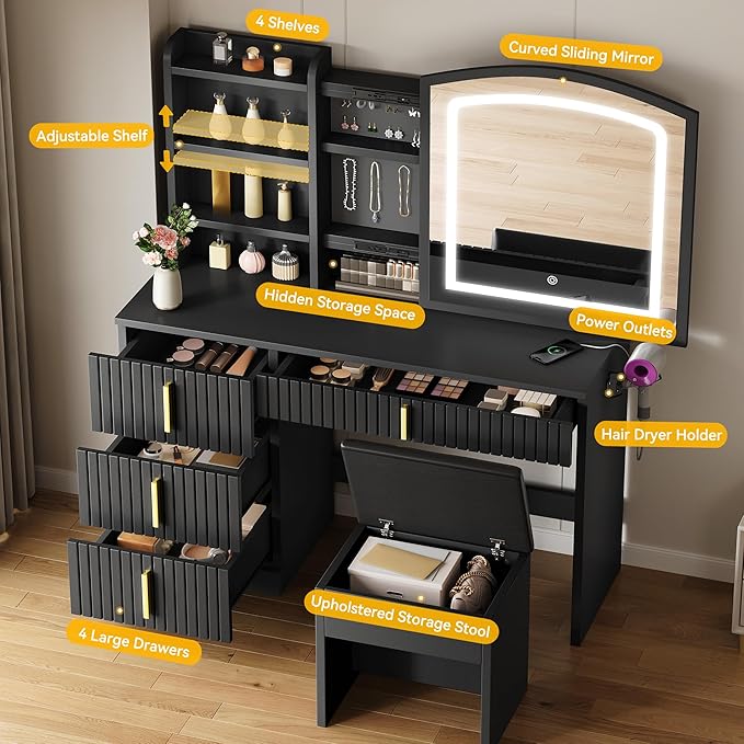 YITAHOME Vanity Desk with Mirror and Power Outlet, Fluted Vanity Table Set with Hidden Jewelry Storage, Big Makeup Desk with 4 Drawers, Black Dressing Table with Cushion Stool, 3 Lighting Color Modes