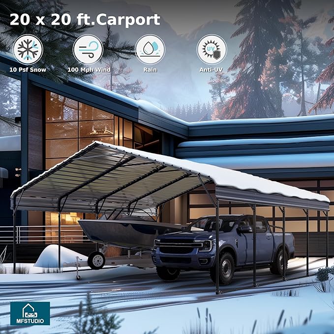 MFSTUDIO Carport 20x20 ft, Outdoor Heavy Duty Carports with Sidewalls, Metal Shed Canopy Shelters Garage Shelter Shade Car Ports with Galvanized Roof for 2 Cars, Truck and Boats