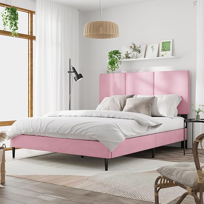 Full Size Bed Frame with Headboard, Vertical Channel Tufted Heavy Duty Full Size Bed Frame, No Box Spring Needed, Easy Assembly, Metal Platform Bed Frame, Pink