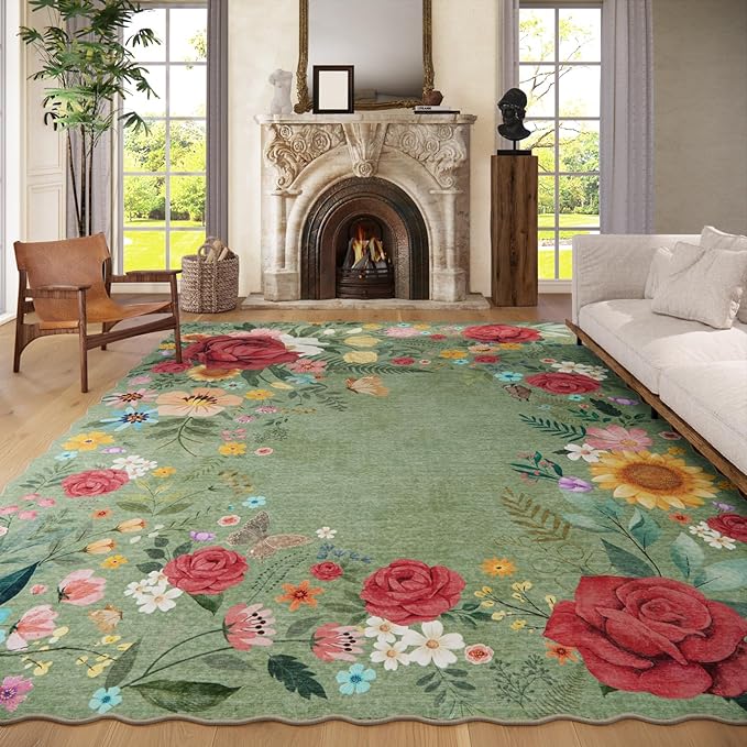 8'x10' Washable Rugs for Living Room, Soft Lightweight Non Slip Stain Resistant Dining Room Vintage Boho Floral Green Rug Easy Clean Throw Carpet for Bedroom