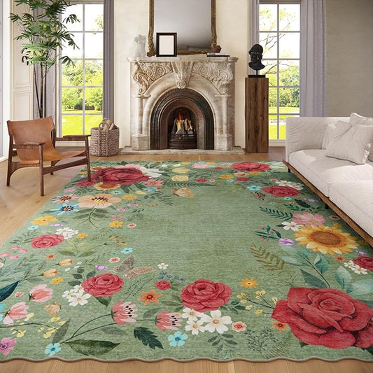 8'x10' Washable Rugs for Living Room, Soft Lightweight Non Slip Stain Resistant Dining Room Vintage Boho Floral Green Rug Easy Clean Throw Carpet for Bedroom