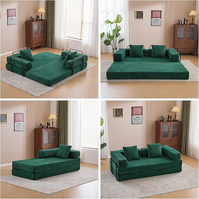 Convertible Sofa Bed, Compression Futon Sofa with Pillows & Armrest, Foldable Mattress Couch with Fixed-Shape Frame, Comfy Couch Lounge Sleeper Bed for Living Room Bedroom, Green