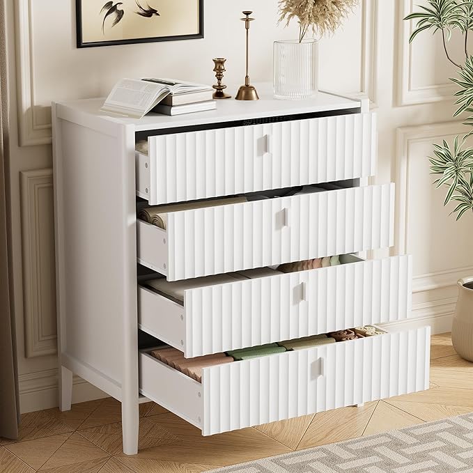 White 4 Drawer Dresser, 31.5" Wide White Modern Dresser with Fluted Front & Metal Handles for Bedroom, Living Room