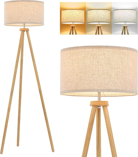 ELYONA Wood Tripod Floor Lamp for Living Room, Nordic Standing lamp with 3 Color Temperatures LED Bulb Included & Beige Linen Shade, Footswitch, Tall lamp for Bedroom, Office, Study Room, Natural Wood