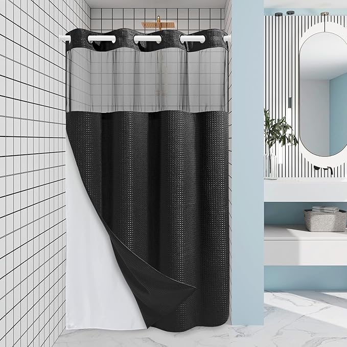 Black Stall Shower Curtain with Liner - 230GSM Waffle Textured Heavy Duty Shower Curtains for Bathroom,54W x 80H