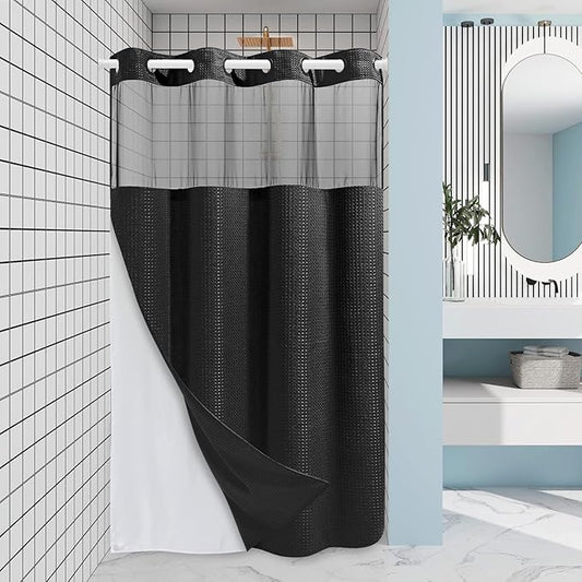Black Stall Shower Curtain with Liner - 230GSM Waffle Textured Heavy Duty Shower Curtains for Bathroom,54W x 80H