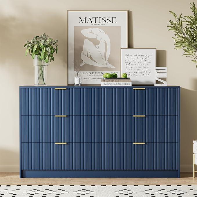 Navy Blue Dresser for Bedroom, Modern Dresser with 6 Drawers and Smooth Slides, Wide Chest of Drawers with Golden Handles for Bedroom, Living Room, Closet, 15.7" D x 55.1" W x 31.4" H