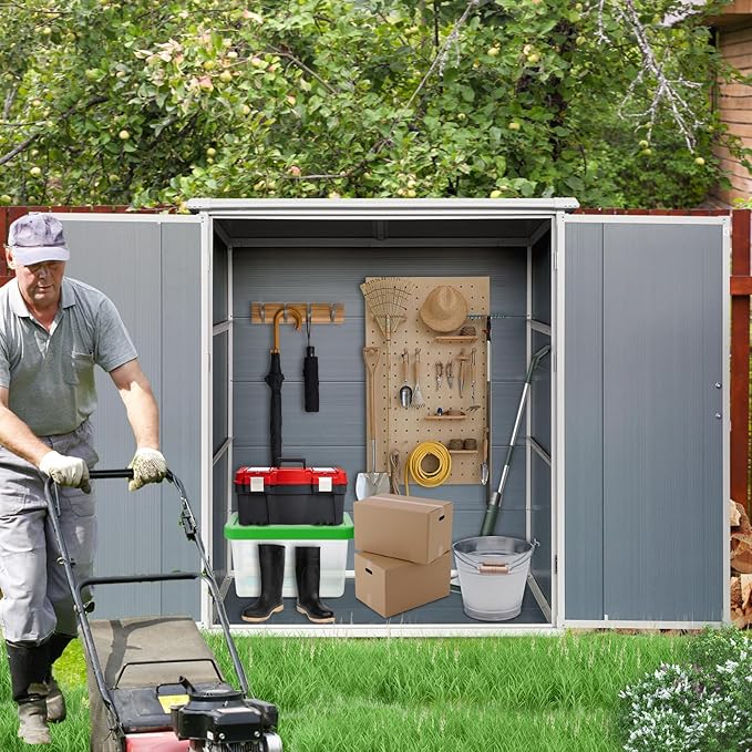 5x3 FT Resin Outdoor Storage Shed with Floor, Resin Cabinet with Lockable Doors, Waterproof Plastic Bike Tool Shed Easy to Install for Patio Furniture, Bikes, Grey