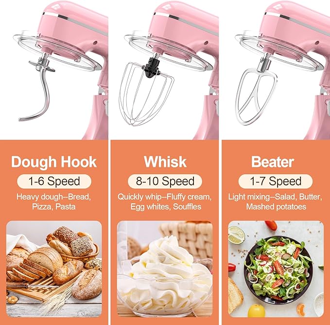 3-IN-1 Electric Stand Mixer, 6.5QT Bowl 660W 10-Speed Kitchen Mixer, Household Food Mixers include Dough Hook, Beater and Whisk, Bread Cake Mixer for Baking and Most Home Cooks, Pink