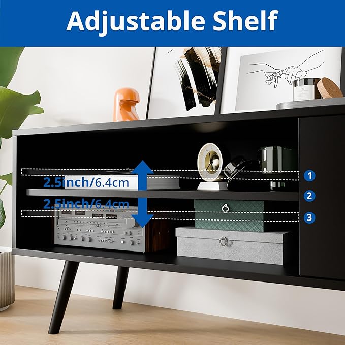 Cozy Castle TV Stand for 48 Inch TV, Mid Century Modern Entertainment Center with Storage Cabinet, TV Media Console for Living Room, Bedroom, Black