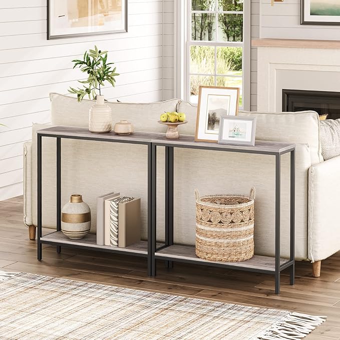 HOOBRO 29.5 Inches Narrow Console Table, Small Sofa Table, Entryway Table with Shelves, for Hallway, Living Room, Bedroom, Foyer, Greige and Black BG22XG01