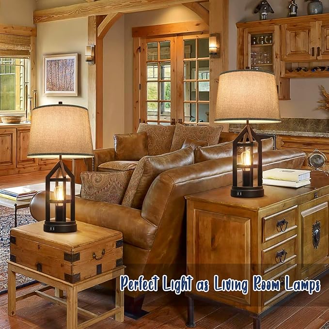 BesLowe 2-Light Farmhouse Rustic Touch Table Lamps Grey, 3-Way Dimmable Bedside Lamps with 2 USB Ports for Bedroom, End Table Lamps for Living Room with Gray Shades, 4 LED Bulbs Included, Set of 2