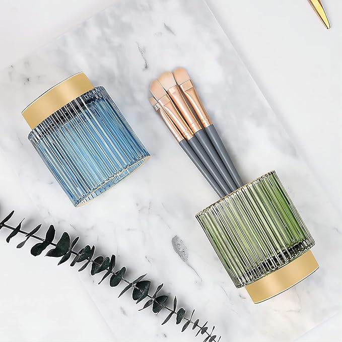 DASITON Makeup Brush holder Organizer,Crystal Cosmetic Makeup Brush Glass Brushes Storage Holder, Vintage Make Up Brush Cup Pen Pencil Holder striped vase(Blue S)