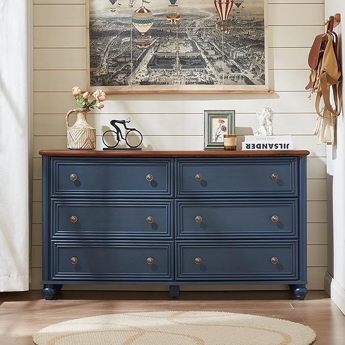 6 Drawers Dresser for Bedroom, Farmhouse 54" Wide Wood Dressers Chest of Drawers, Vintage Design TV Stand, Rustic Storage Dresser Organizer with Metal Handle Closet for Living Room, Hallway