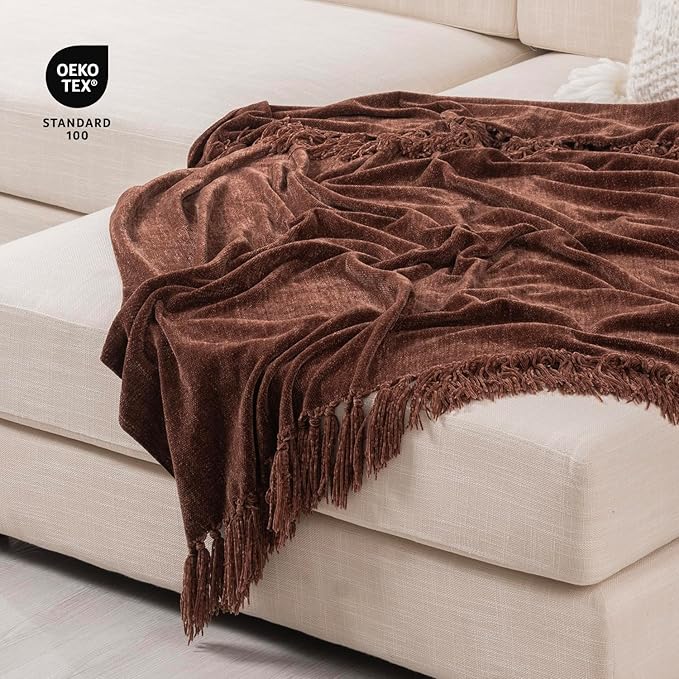 RECYCO Throw Blanket Soft Cozy Chenille Throw Blanket with Fringe Tassel for Couch Sofa Chair Bed Living Room Gift(Brown, 50'' x 60'')