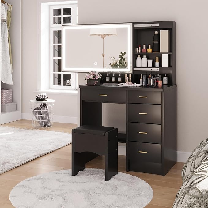 Makeup Vanity Desk with Mirror and Lights, Vanity Desk with 5 Drawers & Storage Shelves, Makeup Vanity Set with Cushioned Stool, 3 Modes Adjustable Sliding LED Mirror for Bedroom, Black