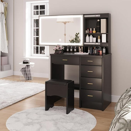 Makeup Vanity Desk with Mirror and Lights, Vanity Desk with 5 Drawers & Storage Shelves, Makeup Vanity Set with Cushioned Stool, 3 Modes Adjustable Sliding LED Mirror for Bedroom, Black