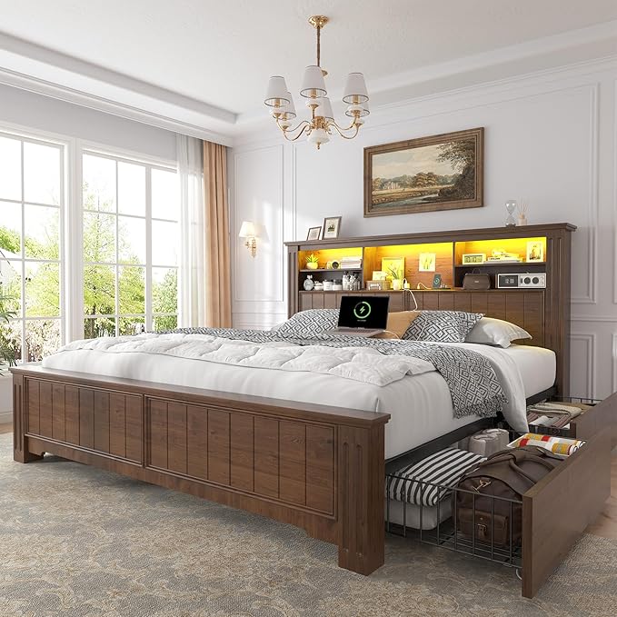 EnHomee Queen Bed Frame with Headboard and Storage,4 Drawers and LED Built in Charging Station Bed Frame Queen Size with Storage Farmhouse, NO Noise,No Box Spring Needed,Brown