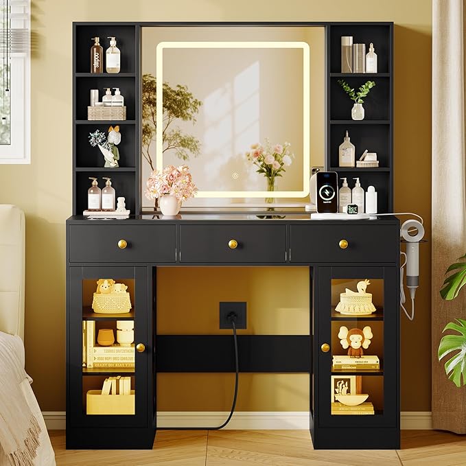 Makeup Vanity Desk with HD Lighted Mirror & Power Outlet, Glass Top Vanity Table Set with Storage Drawers & RGB Cabinets, Large Dressing Table with 3 Lighting Modes for Bedroom Women Girls Kids, Black
