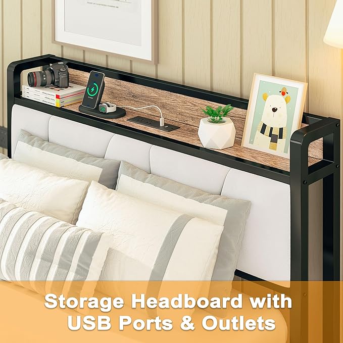 LIKIMIO Twin Bed Frames, Storage Headboard with Charging Station, Solid and Stable, Noise Free, No Box Spring Needed, Easy Assembly (Walnut and Beige)