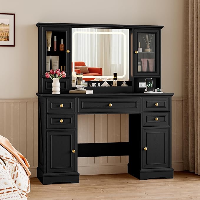 Vanity Desk with Lights, Large LED Mirror with 3 Color Modes, Makeup Vanity with Power Outlet & USB Ports, 6 Drawers & 2 RGB Glass Cabinets, Farmhouse Dressing Table for Women & Girls (Black)