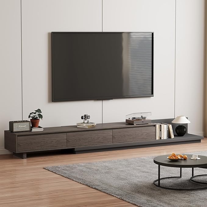 Adjustable TV Stand with 3 Drawers - Mid-Century Modern Extendable Entertainment Center for Living Room or Bedroom(78.7–130"), Stylish Black Walnut Media Console
