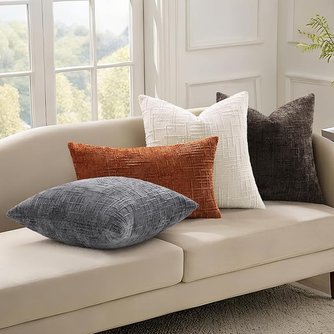 decorUhome Fall Rust Chenille Throw Pillow Covers 12x20 Set of 2 Thick Textured Slubby Couch Pillow Covers Farmhouse Accent Modern Neutral Decorative Pillow Cases for Bed Sofa Living Room