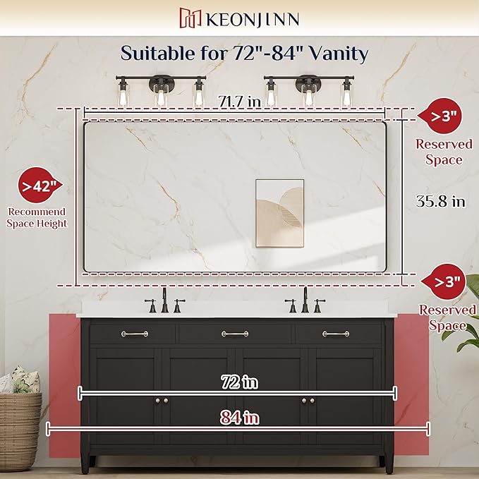 Keonjinn 72 x 36 Brushed Nickel Bathroom Vanity Mirror, Large Rounded Rectangle Bathroom Mirrors for over Sink, Metal Framed Silver Mirror for Wall, Shatterproof HD Tempered Glass(Horizontal/Vertical)