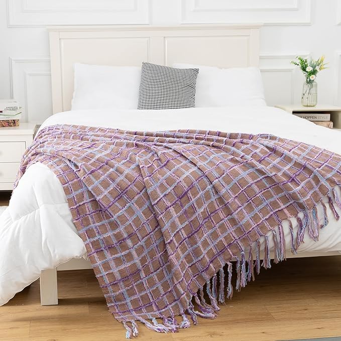 Gealaek Boho Throw Blanket Lightweight Fuzzy Soft Cozy Decorative Blankets for Sofa Bed Farmhouse Throw Blanket Mexcican Blanket with Tassel Khaki Purple Pink Textured 50" x 60"