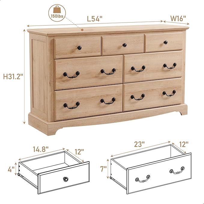 Farmhouse Dresser for Bedroom, 54" Modern 7 Drawers Dresser with Vintage Styles Pulls, Wood Rustic Closet Chest of Drawers for Living Room, Hallway, Natural Oak