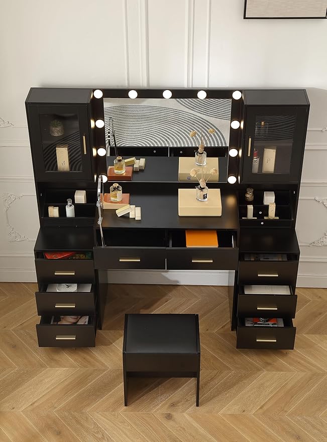 Extra Large Vanity with Folding Up Mirror and Lights,58.3'' Makeup Vanity Desk with Mirror and Lights,Outlet, Chair and Two Makeup Organizers,Dressing Table for Bedroom,Black