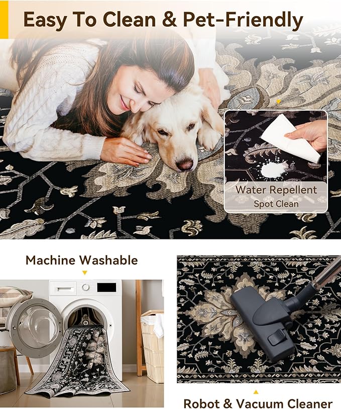 Area Rugs 4'x6' Washable Non-Slip, Floral Vintage Distress Print Pattern Medallion Carpet for Living Room Bedroom Dining Room, Black Brown Neutral Dark Tan