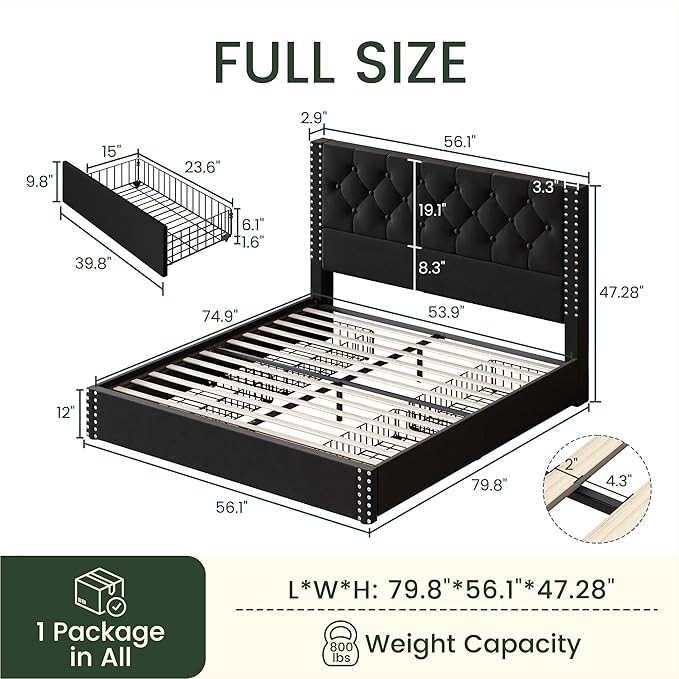 Full Size Bed Frame with 4 Storage Drawers and Tufted Headboard Velvet Upholstered Platform Bed Frame with Heavy Duty Wood Slats, No Box Spring Needed, Easy Assembly, Black