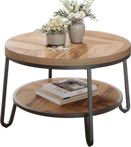 32" Round Coffee Table, Circle Coffee Table for Living Room with 2-Tier Storage Shelves, Design Accent Center Table with Wood Grain Desktop, Easy to Assemble
