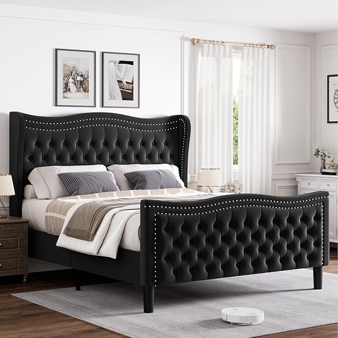 Queen Bed Frame with Tall Headboard & Footboard, Velvet Upholstered Platform Bed Frame with Deep Button Tufted Wingback, No Box Spring Needed, Noise Free, Black