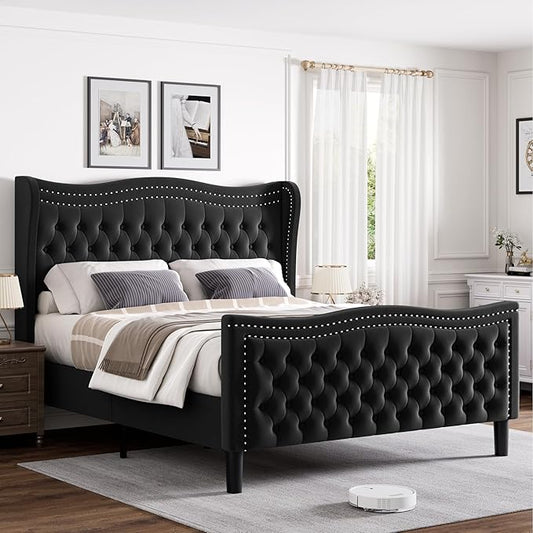 King Bed Frame with Tall Headboard & Footboard, Velvet Upholstered Platform Bed Frame with Deep Button Tufted Wingback, No Box Spring Needed, Noise Free, Black