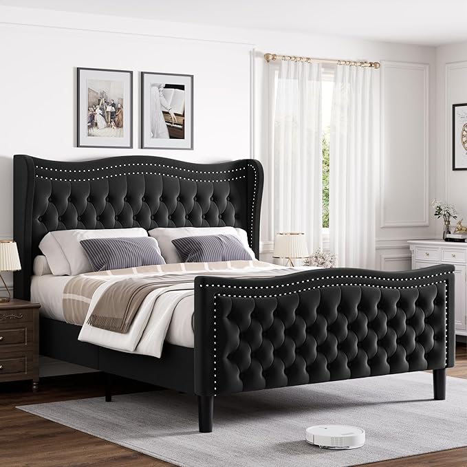 Full Bed Frame with Tall Headboard & Footboard, Velvet Upholstered Platform Bed Frame with Deep Button Tufted Wingback, No Box Spring Needed, Noise Free, Black