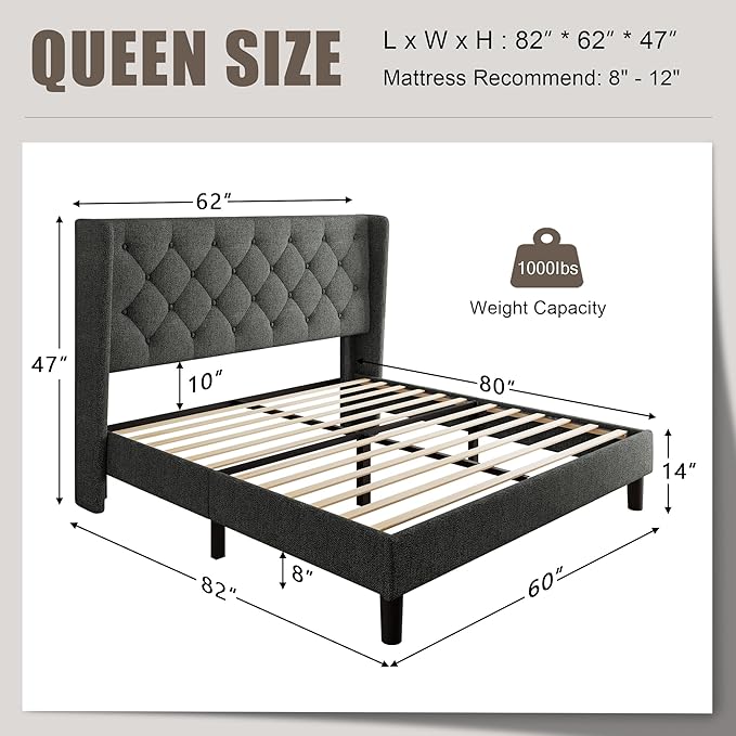 Queen Size Upholstered Bed Frame with Wingback Headboard, Fabric Linen Platform Bed, 8" Under Bed Storage, Wooden and Metal Slats Support, Noise Free, No Box Spring Needed, Dark Grey