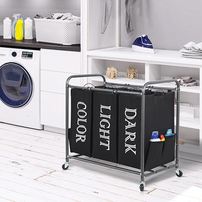 STORAGE MANIAC 3 Section Laundry Sorter, 35.9 Gal (136 L) Laundry Hamper Cart with Heavy Duty Rolling Lockable Wheel and Removable Bag, Clothes Organizer Basket Clothes Separator Hamper, Label Black