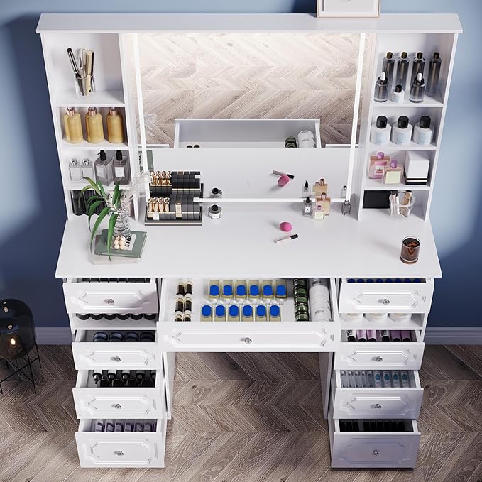Makeup Vanity with Lighted Mirror, 47" Large Vanity Desk with 9 Drawers & 10 Open Storage Shelves, Brightness Adjustable, Dressing Table for Bedroom, Women Girl (White, B Panel)