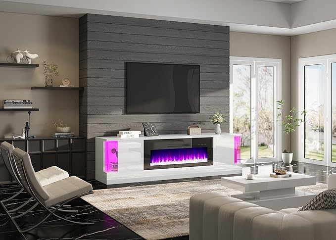 AMERLIFE High Gloss Fireplace TV Stand with 36" Fireplace, 70" LED Lights Entertainment Center with Flip Doors & Corner Glass Decor, Modern Console Table for TVs up to 80", Living Room, White